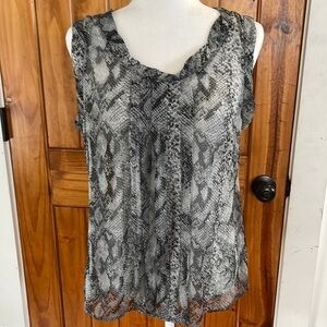 New York & Co black White Grey Snake Animal Print Sleeveless top Large Sheer